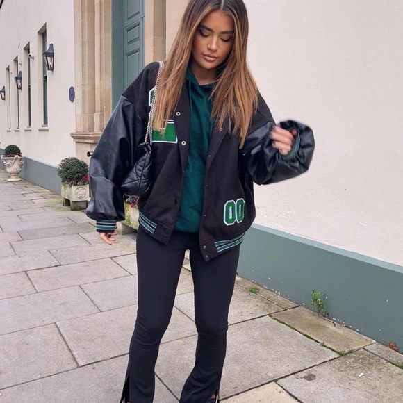 Black Vegan Leather Sleeve Bomber Jacket - Picture 4 of 5